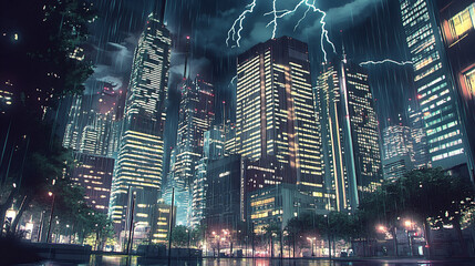 雷雨に包まれたネオン輝く都市の夜景