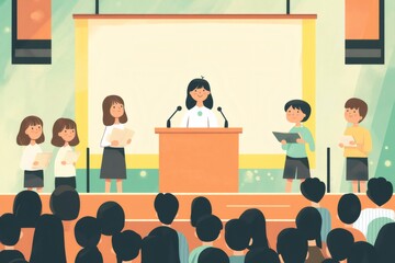 Student council president giving a speech during school election in front of an audience of students and teachers