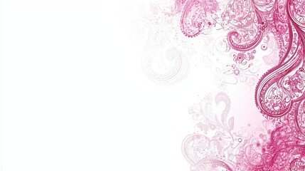 Pink paisley flourishes on white background. Decorative, floral, romantic graphic backdrop