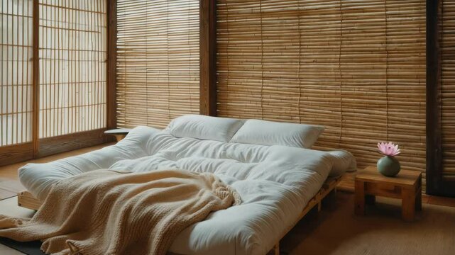 Minimalist interior design of modern Japanese bedroom with futon and wooden blinds
