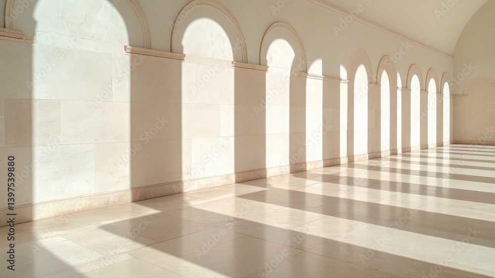 Poster white hallway with arches and terrazzo floor illuminated by sunlight creating a play of light and sh