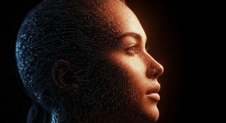 Human Circuitry: A Profile in Technological Fusion - A woman's face, overlaid with circuit patterns, symbolizes technology, humanity, innovation, future, and connection