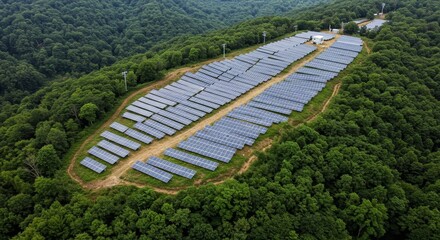 Hillside Solar Farm Energy - Aerial view of a solar farm nestled in a lush green hillside, showcasing clean energy production in a natural setting