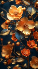 Elegant Floral Phone Wallpaper  Soft Orange Flowers with Golden Accents & Green Leaves on Dark Blue Background | 4K Vertical Mobile Background


