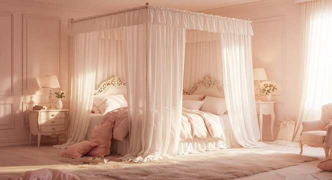 柔らかな光が差し込む、優雅な四柱式ベッドルーム