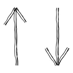 上下の直線矢印の手描き線画アイコン 複数の線が重なったモノクロのベクターイラスト