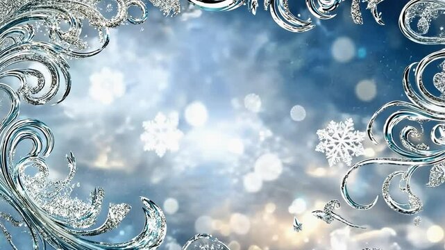 Silver sparkling frozen winter floral frame on blue sky background