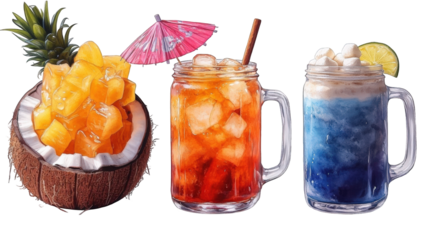 Refreshing tropical drinks served in mason jars with ice, garnished with fruits, on a sunny beach