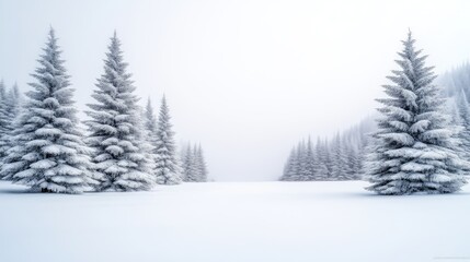 Snow-Covered Pines Winter Wonderland Serene High-Resolution Landscape Wide Shot Frosty Texture Peaceful Scene Foggy Forest Cool White tones Ideal for Holiday Cards