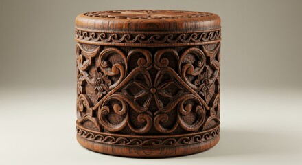 Intricate Wooden Carved Cylinder - A meticulously carved wooden cylinder showcases an ornate floral and geometric pattern. Rich brown tones and detailed craftsmanship