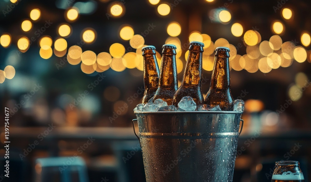 Aufkleber chilled beer bottles in ice bucket with festive bokeh background