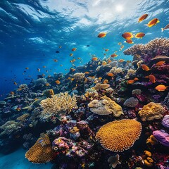 Underwater view of the Great Barrier Reef with colorful marine life high resolution picture