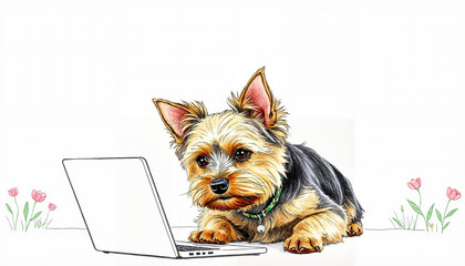 Adorable dog using laptop surrounded by flowers  