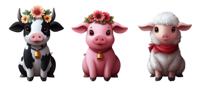 Three adorable cartoon animals wearing flowers and scarves, sitting together in a cheerful setting - Powered by Adobe