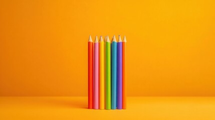 Fototapeta premium Colorful pencils arranged on bright yellow background for creativity