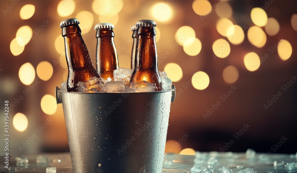 Poster chilled beer bottles in ice bucket with bokeh lights background