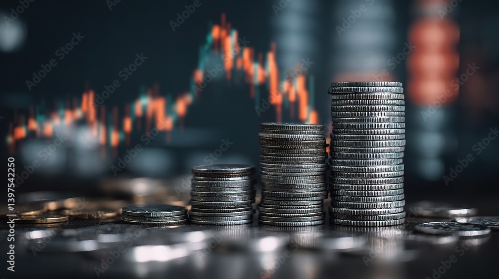 Poster double exposure of finance graph with stacked coins and currency