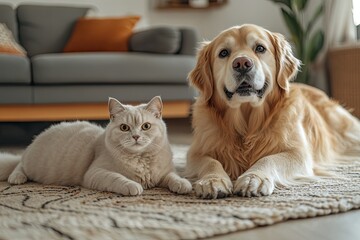 Golden dog and cat playing together, sitting on the floor in the living room at home