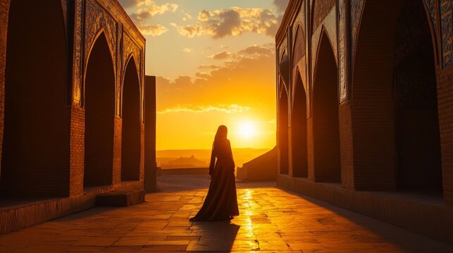 A woman in hijab stands in an archway overlooking the sunset, creating an atmosphere of tranquility and reflection. Suitable for cultural and religious topics, 