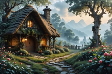 Fototapeta premium A charming thatched cottage nestled in a lush, misty forest at dawn. A stone path leads to its inviting wooden door, mountains loom in the background.