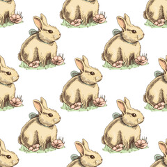Hand-drawn sketch vintage seamless pattern of  bunny. Easter Holiday. Vector illustration. Rabbit with a bow in grass and flowers. Vintage element.