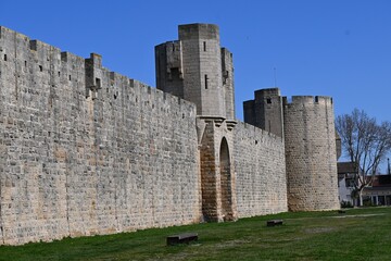 wall with strong towers in Aigues-Mortes in France