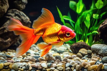A vibrant orange and gold goldfish swimming in a home aquarium.