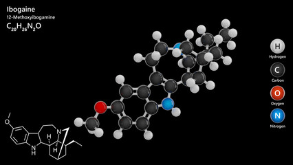 Ibogaine molecule. Hallucinogenic substance. Molecular structure. Formula: C20H26N2O. Chemical model: Ball and stick. Black background. 3D illustration.