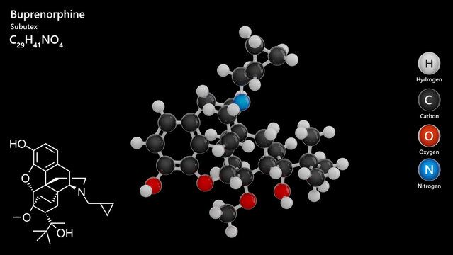 Buprenorphine molecule. Drug. Molecular structure. Formula: C29H41NO4. Chemical model: Ball and stick. Black background. 3D illustration.