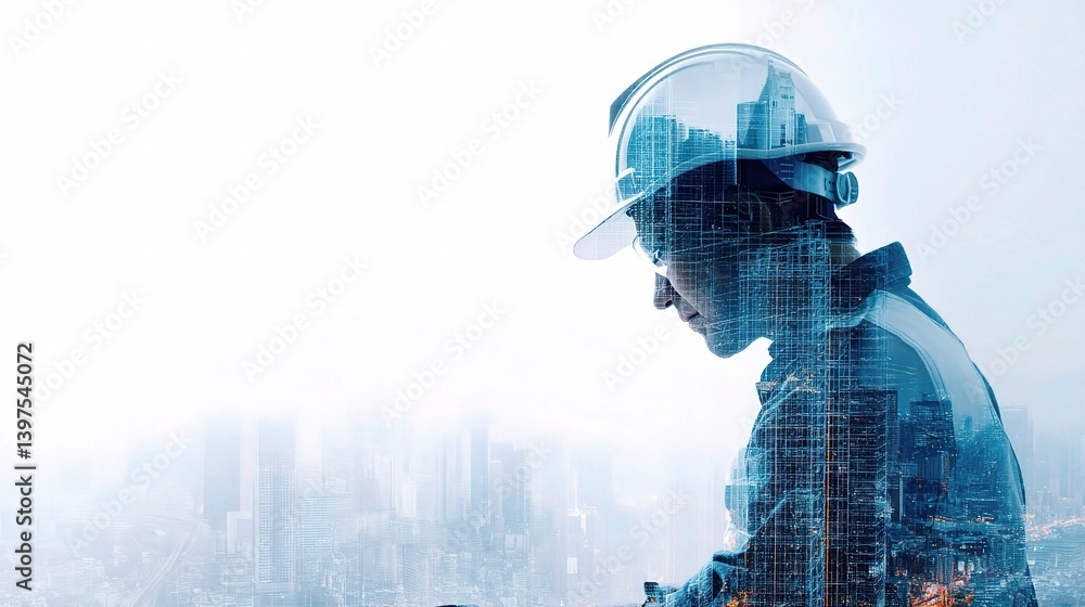 Poster double exposure image of engineer with digital blueprint elements