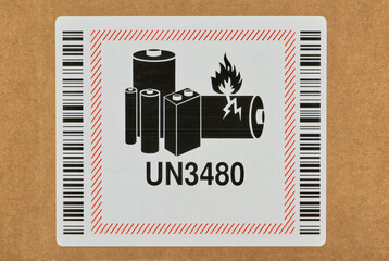 UN 3480 Lithium metal battery warning Sticker closeup safety instructions.	