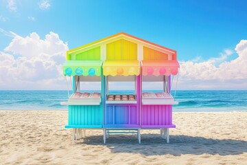 Obraz premium Colorful beach hut selling treats near the ocean under bright blue sky