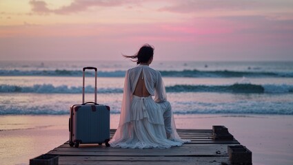 Fototapeta premium Woman in Blue Dress Sitting by Luggage at Sunset on Wooden Pier