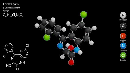 Lorazepam molecule. Molecular structure. Formula: C15H10Cl2N2O2. Chemical model: Ball and stick. Black background. 3D illustration.