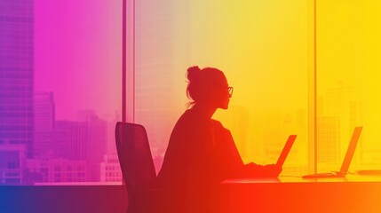 Silhouette of Woman Working on Laptop with Colorful Window Background