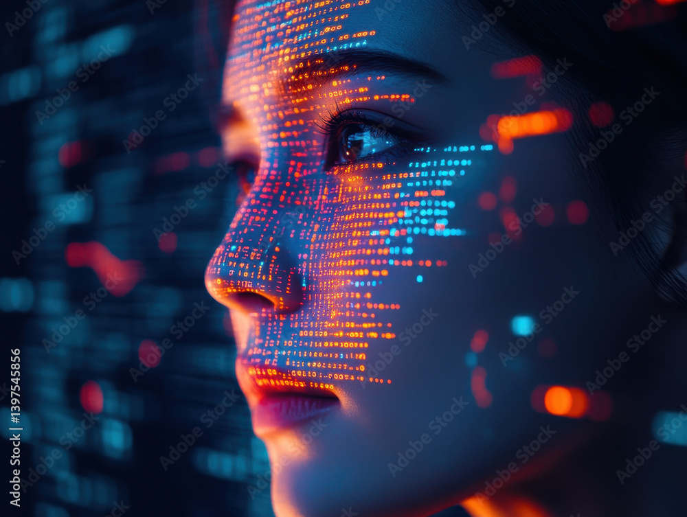 Poster close-up view of artificial intelligence code projected onto a person's face, showcasing the connect