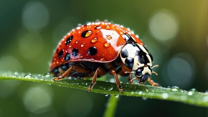 A close-up photo of a ladybug covered in water droplets on a grass blade during a rainfall