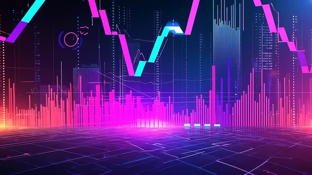 Colorful Abstract Digital Financial Chart with Data Visualization Elements and Bright Effects