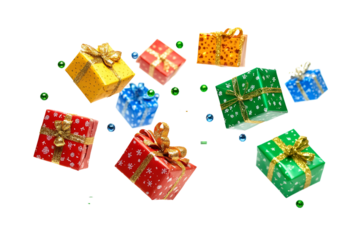Assortment of colorfully wrapped holiday gifts floating in a dark space