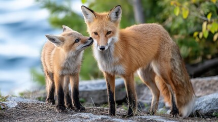 Obraz premium Red fox kit nuzzles mother during a serene sunset moment by the water