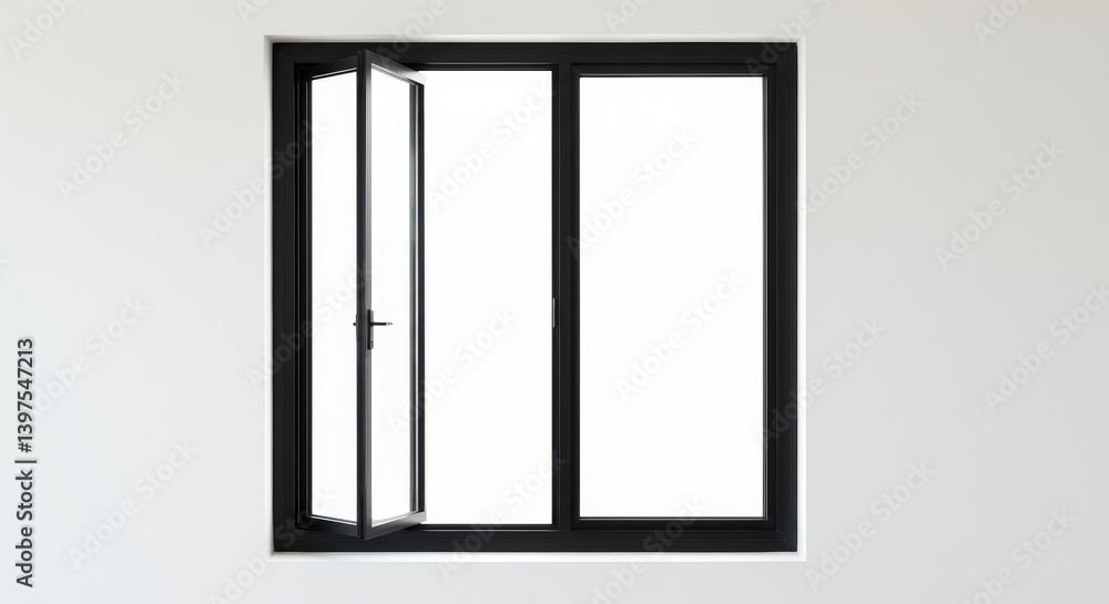 Poster modern black frame window open - a contemporary black framed window is partially open, showcasing a 