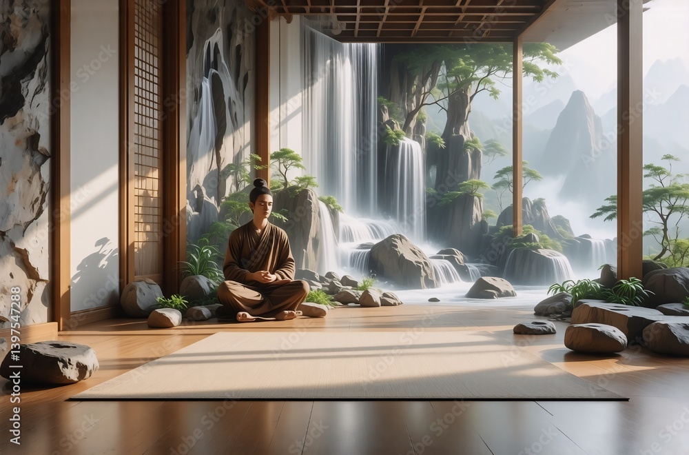 Poster tranquil scene: a serene figure meditates within a minimalist room, a breathtaking waterfall backdro