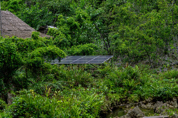 Fototapeta premium Solar panel setup nestled in vibrant jungle foliage near eco hut