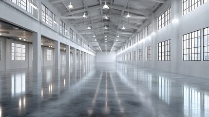 Fototapeta premium Industrial warehouse with polished concrete floors, overhead lights, white walls, high ceilings, large windows, vast empty space, clean aesthetic. 