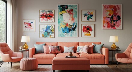 Modern Living Room Interior Design - Stylish coral sofa with colorful abstract art, creating a vibrant and modern living space