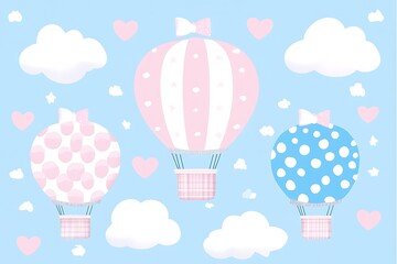 Delicate hot air balloons float in a pastel sky.