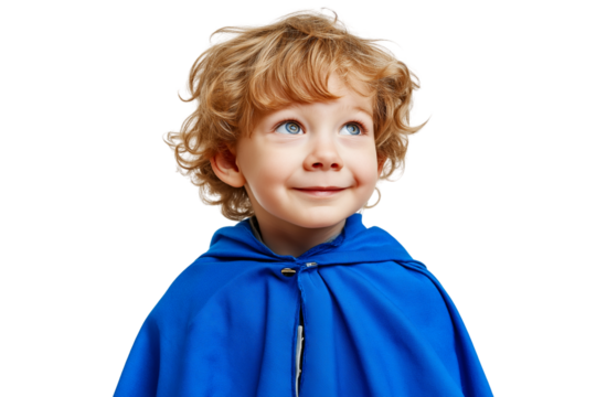 charming child wearing blue cape looking upwards with smile and full of wonder isolated on transparent white background