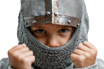 Boy dressed as knight ready for adventure isolated on transparent white background