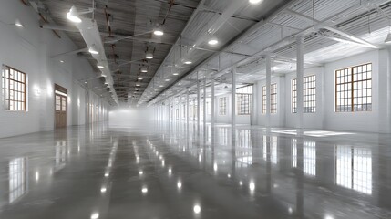 Industrial warehouse with polished concrete floors, overhead lights, white walls, high ceilings, large windows, vast empty space, clean aesthetic.  