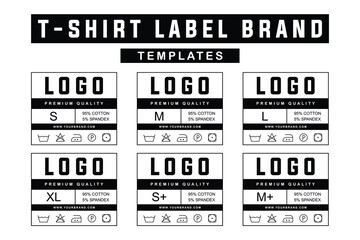 Customizable Unisex T-Shirt Label Brand Templates. Cotton Garment Tags with Sizes and Care Instructions